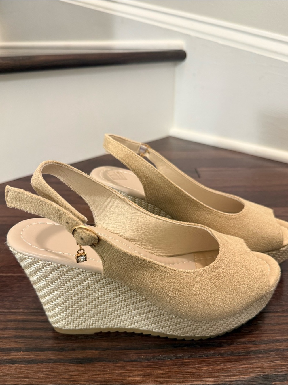 Beige Suede Wedge Slingback Peep-Toe Women's Shoes
